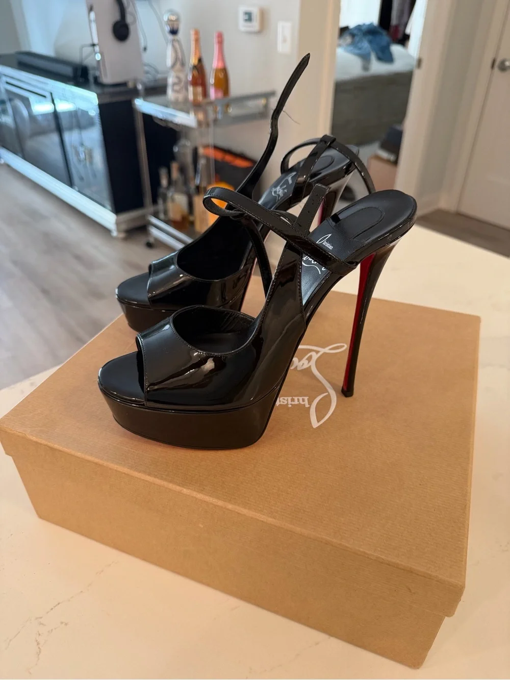 Christian Louboutin Black Patent Platform Slingback Heels with Red Sole